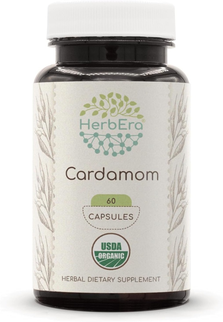 HerbEra Cardamom USDA Organic 60 Capsules | Natural Herbal Supplement | Certified Organic Vegetarian Capsules and Organic Cardamom (Elettaria cardamomum) Dried Pod (60 Capsules)