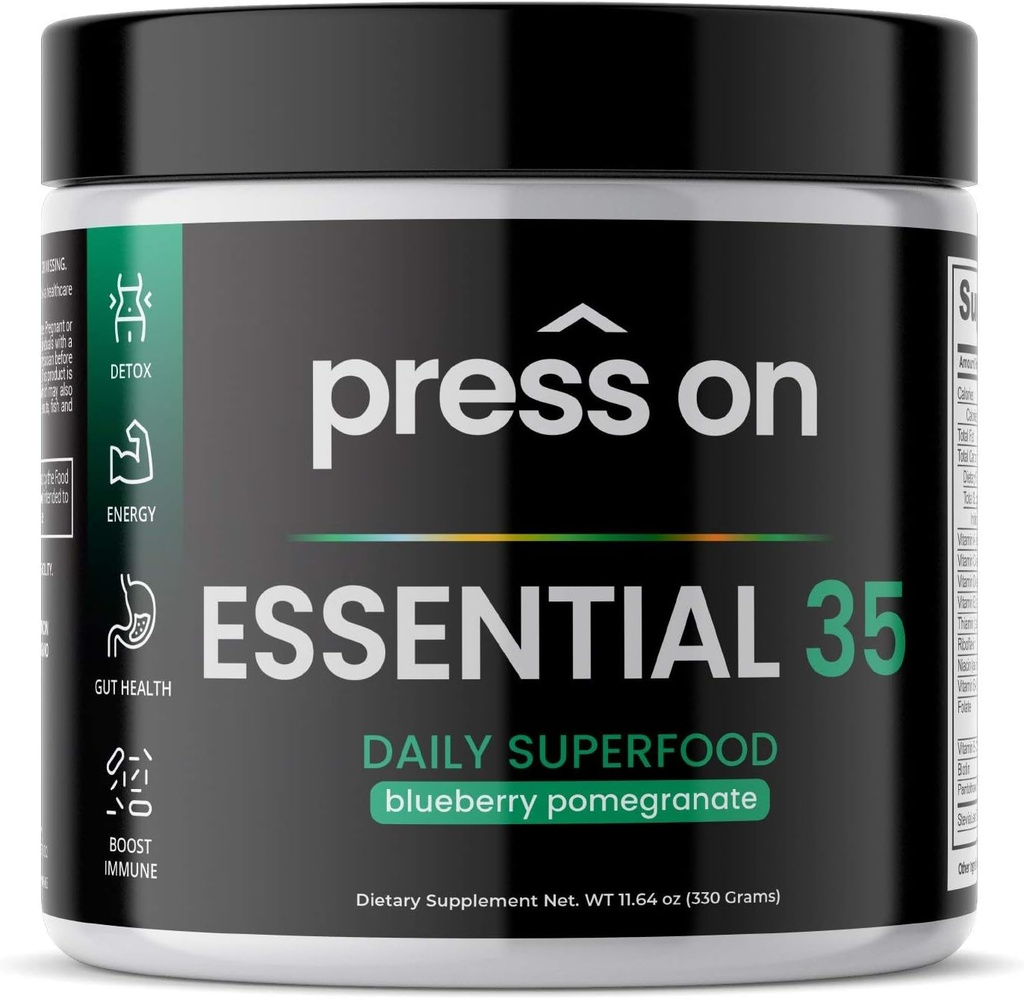 Daily Essential 35 Superfood by Press On : Super Greens Powder Detox, Energy, Immune, Antioxidants, Digestive Enzymes & Probiotics, Original, 30 Servings