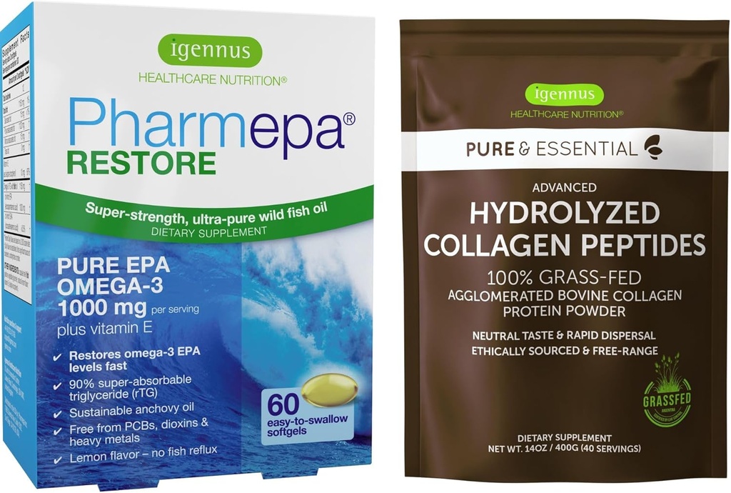 Pharmepa Restore & Advanced Hydrolyzed Collagen Peptides Bundle, 1000mg Pure EPA Omega-3 Fish Oil & 100% Grass Fed Bovine Collagen Protein Powder, by Igennus