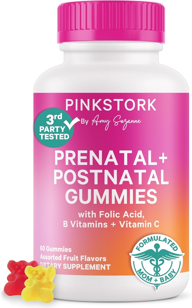 Pink Stork Fertility + Prenatal + Postnatal Gummy Vitamins – Full Motherhood Journey Support – Multivitamin with Folate, B Vitamins, Zinc & Biotin – Postpartum Essentials - 60 Assorted Fruit Gummies