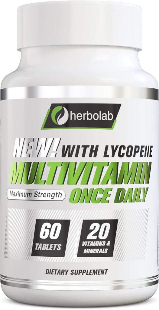 herbolab Multivitamin Once Daily, Max Strength Vitamins A, C, D, E, K, B1, B2, B6, B12, Niacin, Calcium, Magnesium, Zinc, Selenium, Copper, Manganese, Chromium with Lycopene, 60 Count 2 Mo Supply
