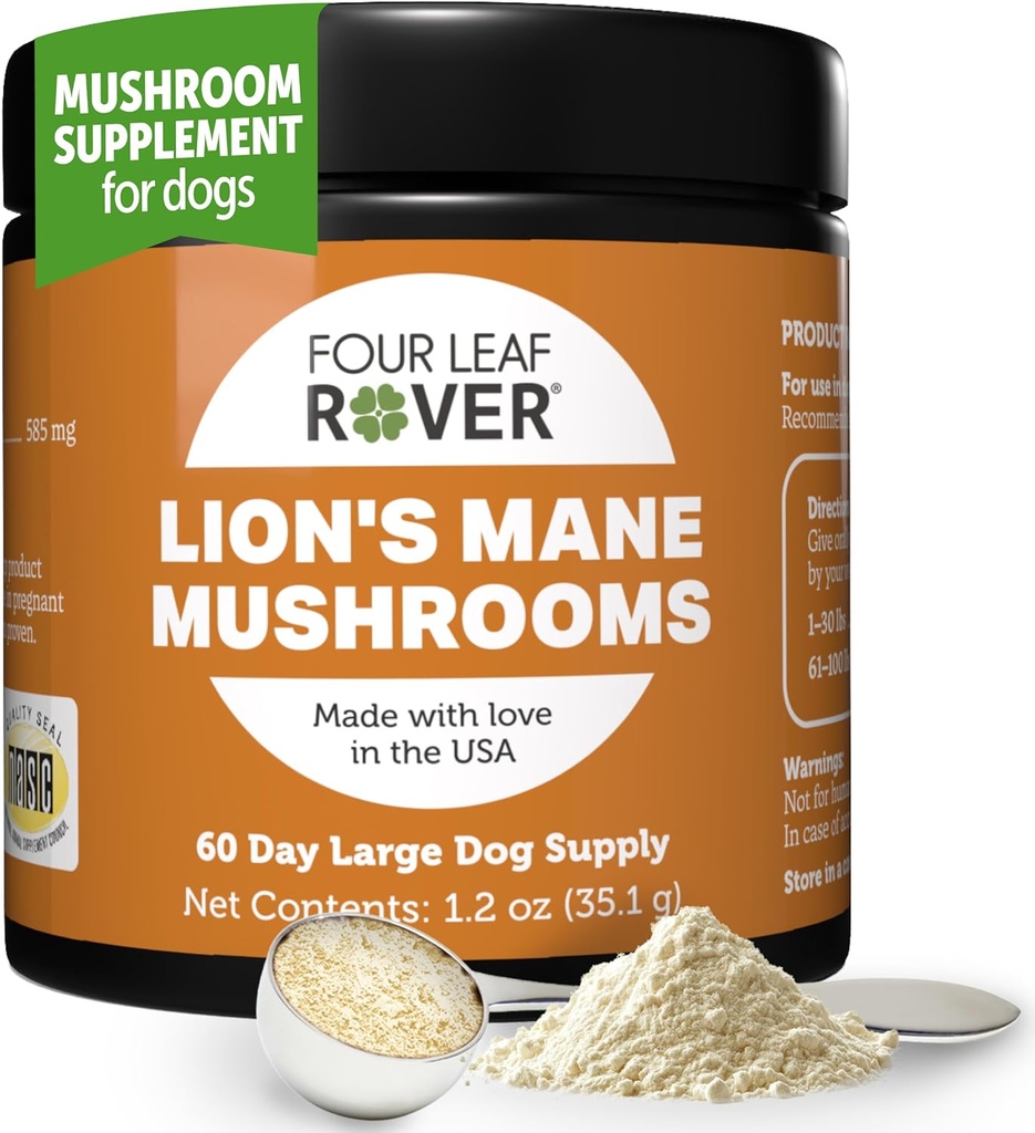 FOUR LEAF ROVER - Lion's Mane Mushrooms for Dogs - Supports Healthy Brains and Nervous Systems in Dogs of All Ages - Organic Whole Mushrooms - 3rd Party Tested - 60 Day Large Dog Supply