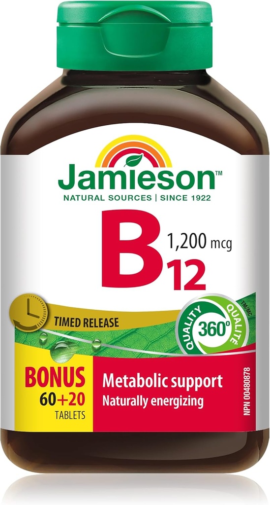 Jamieson Vitamin B12 (Cobalamin) 1200mcg, Timed Release, 80 tablets