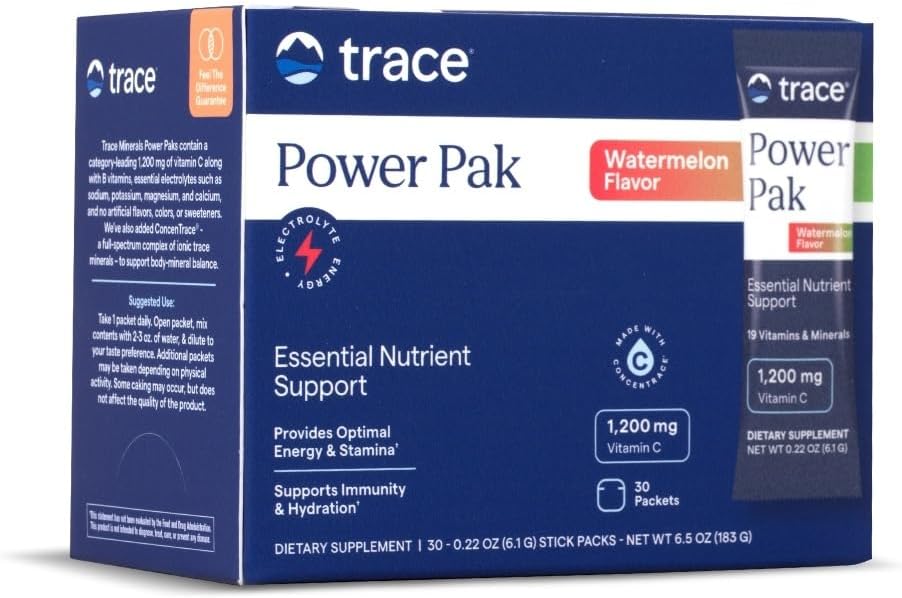 Trace Minerals Power Pak Multivitamin and Multimineral Packets - Electrolyte Support - 1200 mg Vitamin C Plus 70 Watermelon Flavor - 30 Packets