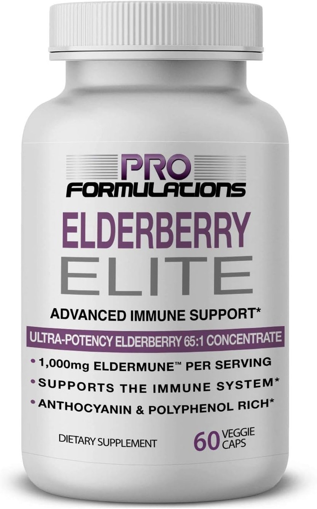 Pro Formulations — Elderberry Elite — Strongest Available Elderberry Extract 65:1 — Advanced Immune Support Capsules - 60 ct — 1,000 mg per Serving — Vegetarian, No Artificial Colors or Flavors