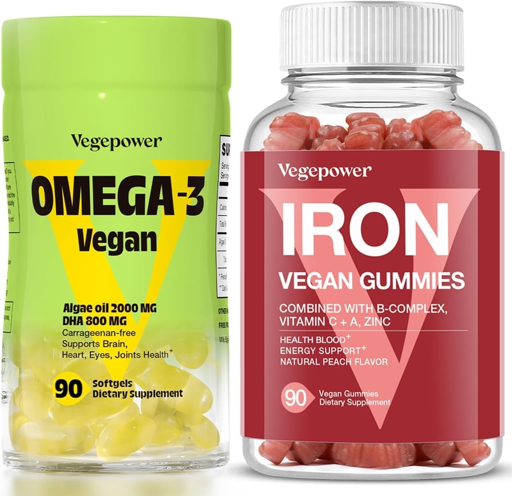 Vegan Iron Gummies + Vegan Algae Omega-3 DHA - Best Vitamin Supplement for Women & Men, Non-GMO, Gluten-Free