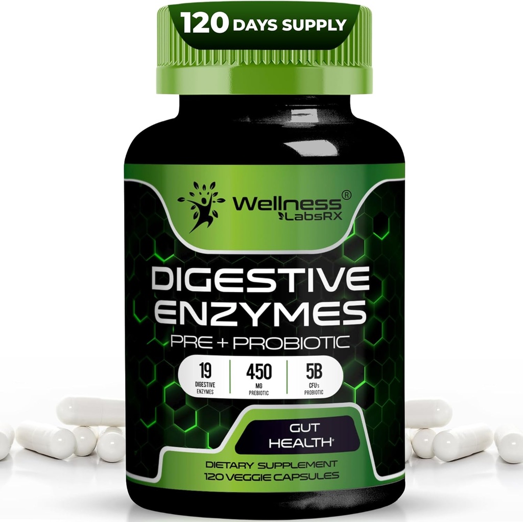 Digestive Enzymes with Probiotics and Prebiotics, 450mg, 5 Billion CFUs - Pure Super Digestion Capsules - Digestive Enzymes for Women & Men Support Digestion & Gut Health - 120 Count