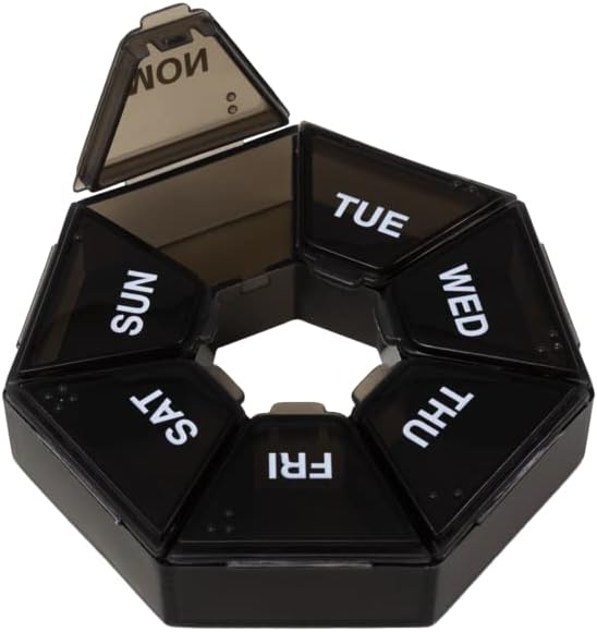 EZY DOSE 7-Day Weekly Pill Organizer, Daily Medicine Container and Vitamin Planner, Round Supplement Case, Compact, Travel Friendly, Portable Storage Sorter, 7-Sided Circle, Black, BPA Free
