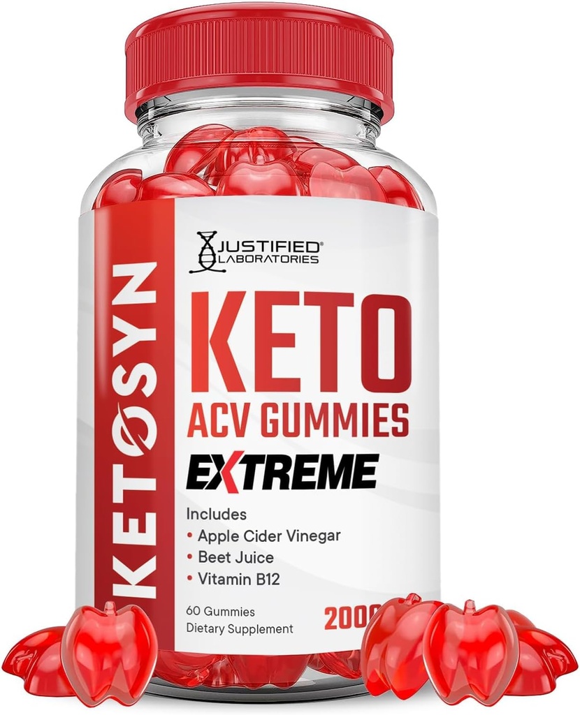 Justified Laboratories Ketosyn Keto ACV Gummies Extreme 2000MG Ketosyn Keto Gummies Apple Cider Vinegar Formulated with Pomegranate Beet Juice Powder B12 Vegan Non GMO 60 Gummys