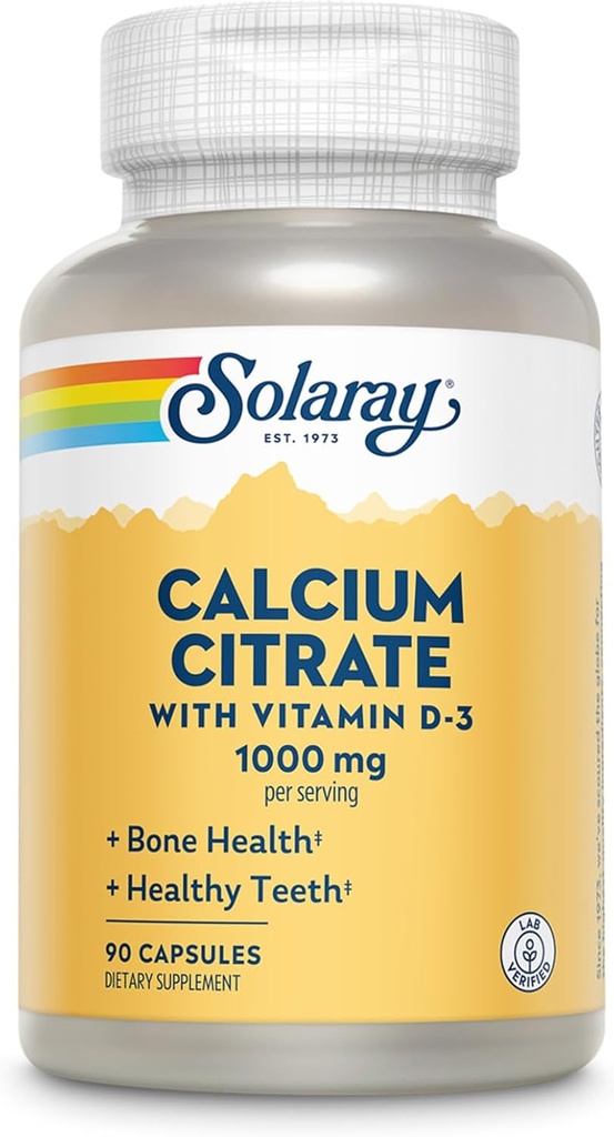 Solaray Calcium Citrate with Vitamin D3 1000mg - Bone Strength and Healthy Teeth Support - Gentle Digestion Formula - Lab Verified, 60-Day Guarantee - 15 Servings, 90 Capsules