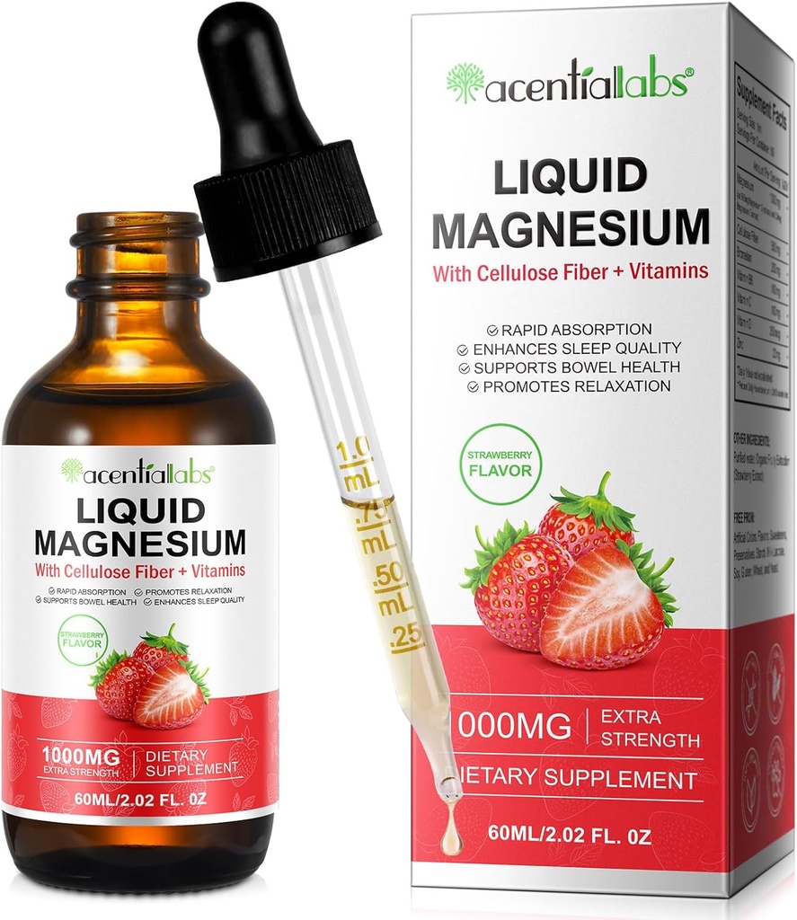 Magnesium Glycinate Liquid Drop, 1000MG Magnesium Glycinate, Riched in Vitamin B6, C, D, Zinc for Supporting Night, Energy, Muscle -Strawberry Flavor, 2 Fl Oz/60 ML