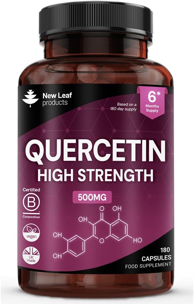 Quercetin 500mg High Strength Antioxidant Supplements (6 Months Supply) 180 Vegan Pure Quercetin Capsules Easy to Swallow - One A Day - Gluten Free & Non-GMO, Made in UK by New Leaf