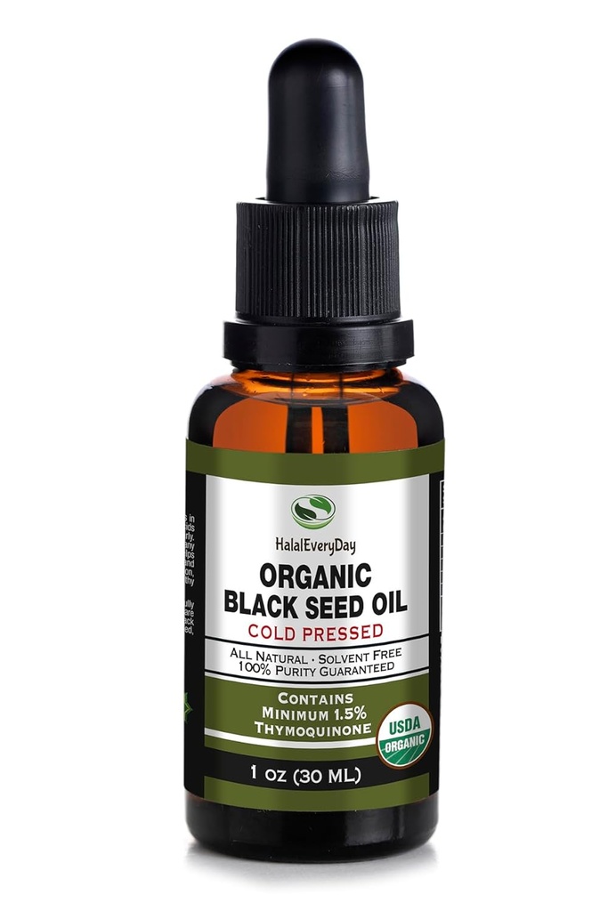 Organic Black Seed Oil - USDA Certified Cold Pressed Glass Bottle Over 1.5% Thymoquinone 3X strength Turkish Black Cumin Nigella Sativa non-GMO 100% Pure Blackseed Oil (1oz Glass Dropper Bottle)
