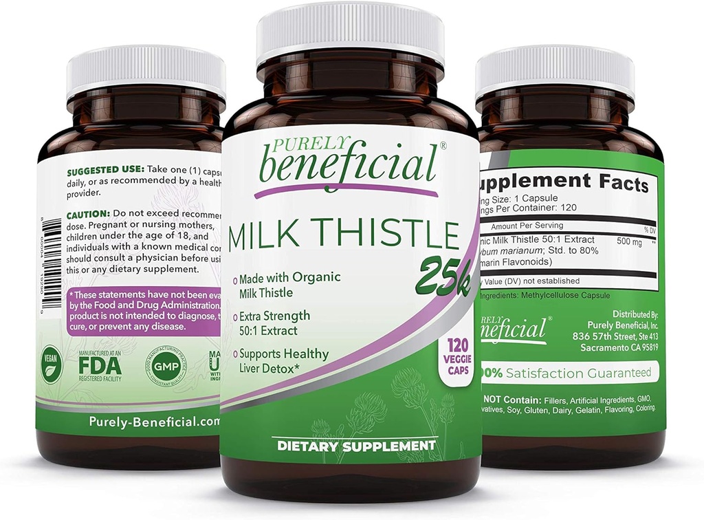PURELY beneficial Organic Milk Thistle Capsules, 50:1 Milk Thistle Extract, Silybum Marianum 25000 mg Strength, Liver Cleanse & Antioxidant Support, 120 Veg Capsules, Vegan & Non-GMO