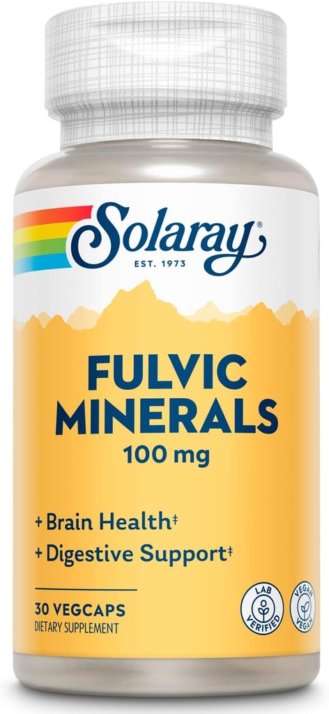 Solaray Fulvic Minerals 100 mg | Himalayan Shilajit | Healthy Digestion, Skin & Brain Support | 30 VegCaps