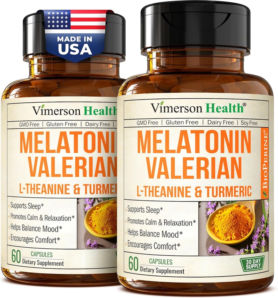 Melatonin Sleep Aid with L Theanine & Valerian Root – Turmeric Supplement – Turmeric Curcumin with Ginger & Black Pepper – L-Theanine & Melatonin 3mg for Sleep, Calm and Stress Relief – 2 Pack