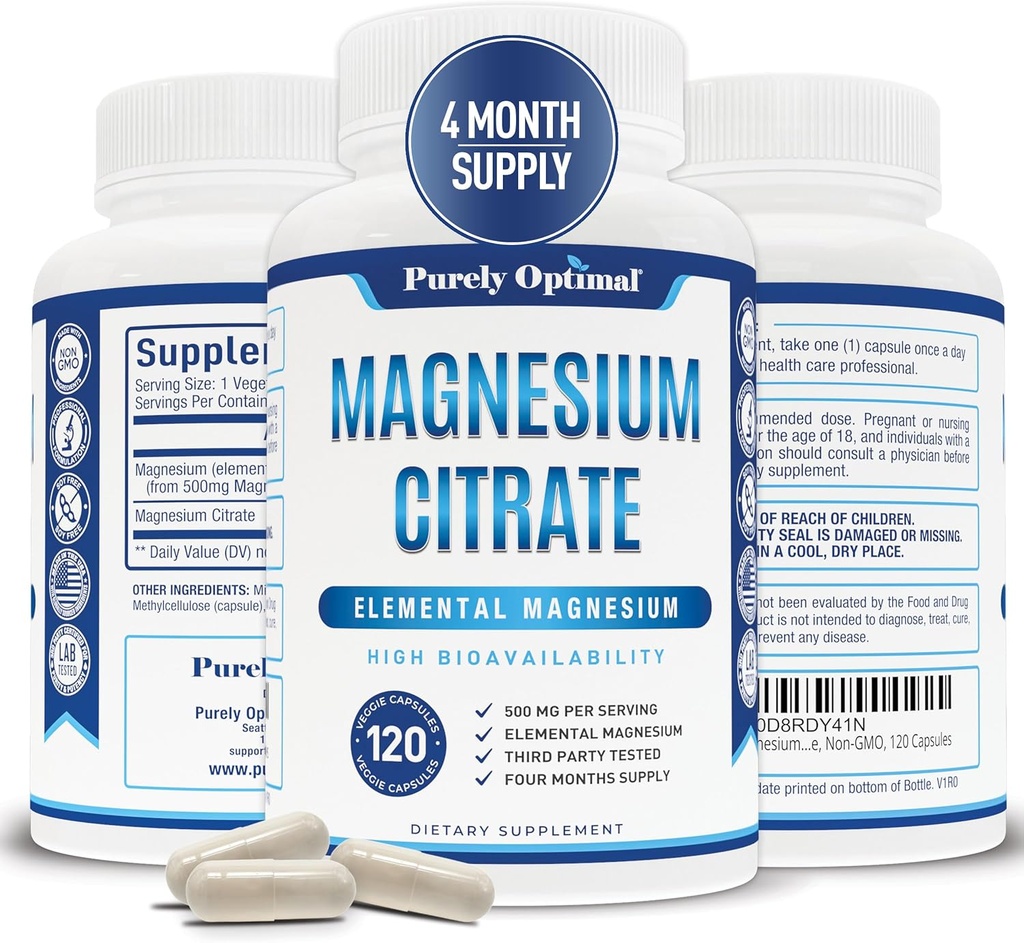 Purely Optimal Magnesium Citrate 500mg – Magnesium Supplement for Digestive Health, Gentle Constipation Relief, Muscle & Sleep Support, Calm & Relaxation – High Absorption, 120 Easy-to-Swallow Caps