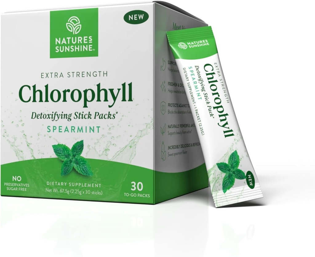 Nature's Sunshine Chlorophyll Stick Packs: Supercharge Your Detox and Boost Gut Health in Convenient, Delicious Stick Packs (Spearmint)