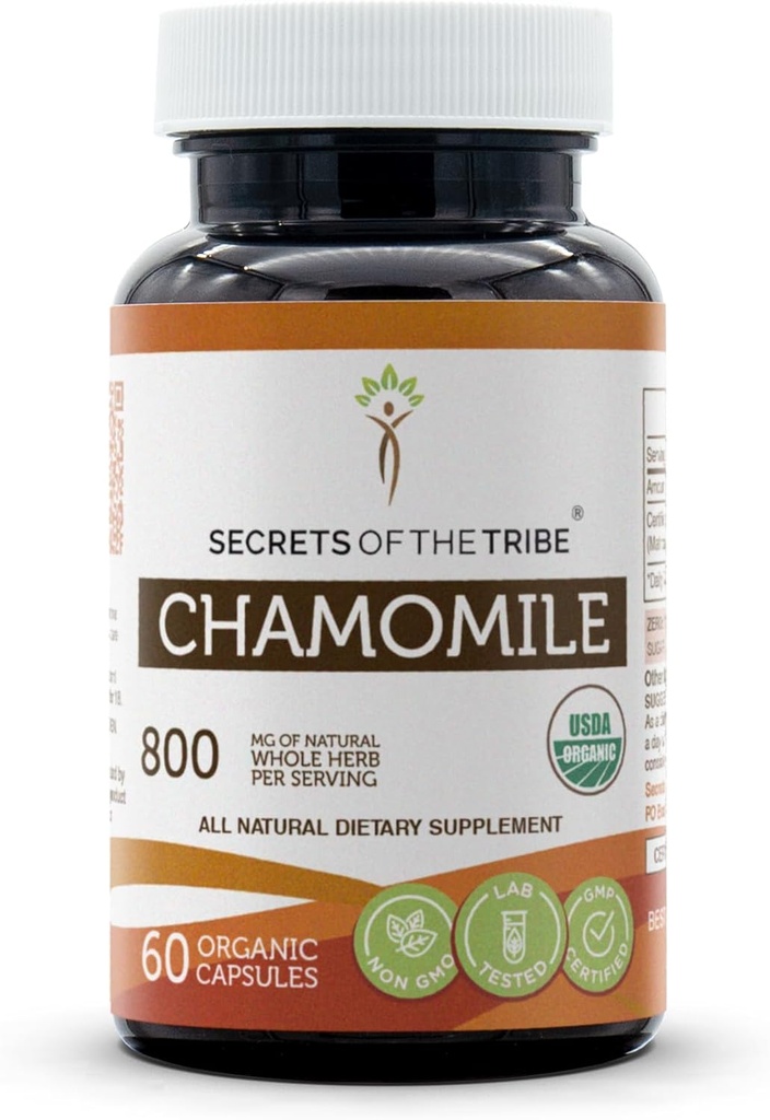 Secrets of the Tribe Chamomile USDA Organic Capsules | Certified Organic Vegetarian Capsules, Herbal Dietary Supplement | Matricaria recutita Dried Flower (60 Count)