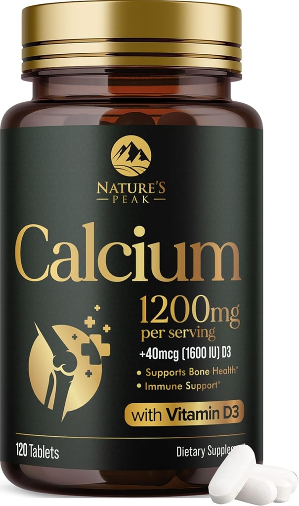 Calcium 1200 mg with Vitamin D3, Calcium Supplement Vitamins, Bone, Teeth & Immune Health Support, Calcium Supplements with D for Women & Men, Nature's Absorbable Calcium Carbonate - 120 Tablets