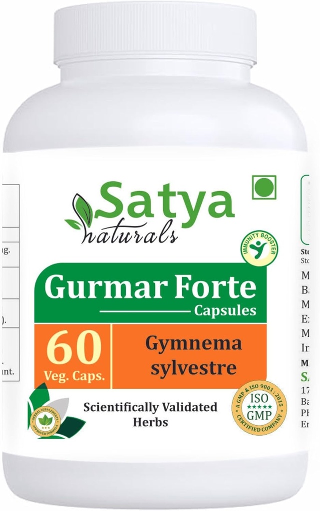 Gurmar Forte Capsules 500 mg. 60 Veg. Capsule | Gudmar (Gymnema Sylvestre) Extract Capsules for Men and women | Ayurvedic Herbal Supplement/Remedies | 10:1 Forte (1 Bottle of 60 Capsules)