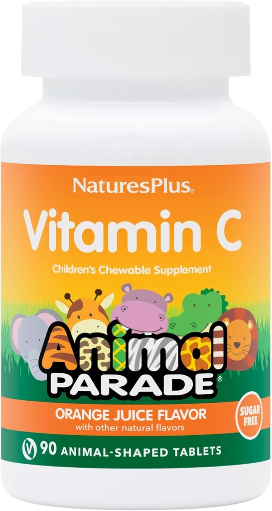 NaturesPlus Animal Parade Sugar-Free Children's Vitamin C, Natural Orange Juice Flavor - 90 Chewable Animal Shaped Tablets - Immune Support - Gluten Free - 45 Servings
