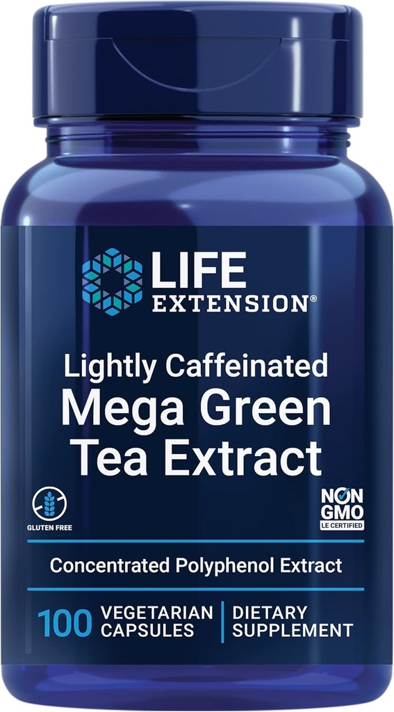 Life Extension Lightly Caffeinated Mega Green Tea Extract, Camellia sinensis Extract with Concentrated EGCG polyphenol Content, Gluten-Free, Non-GMO, Vegetarian, 100 Capsules
