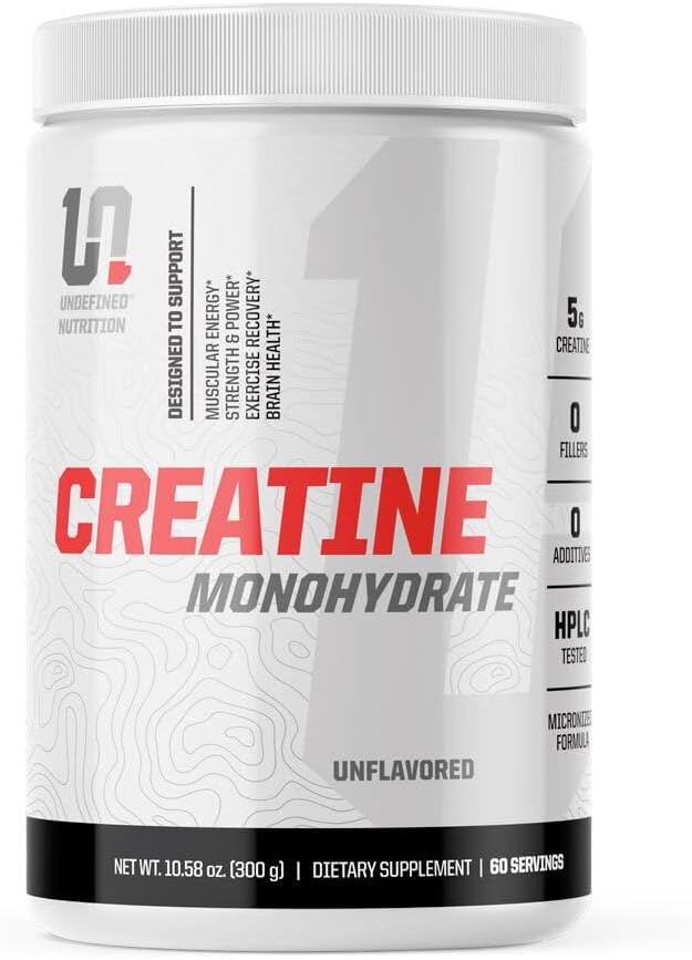 Undefined Nutrition Creatine Monohydrate by Brian Shaw (Unflavored, 60 Servings) - Easy Mixing and Absorbing Micronized Creatine Monohydrate Powder - Supports Muscular Energy, Power, and Brain Health