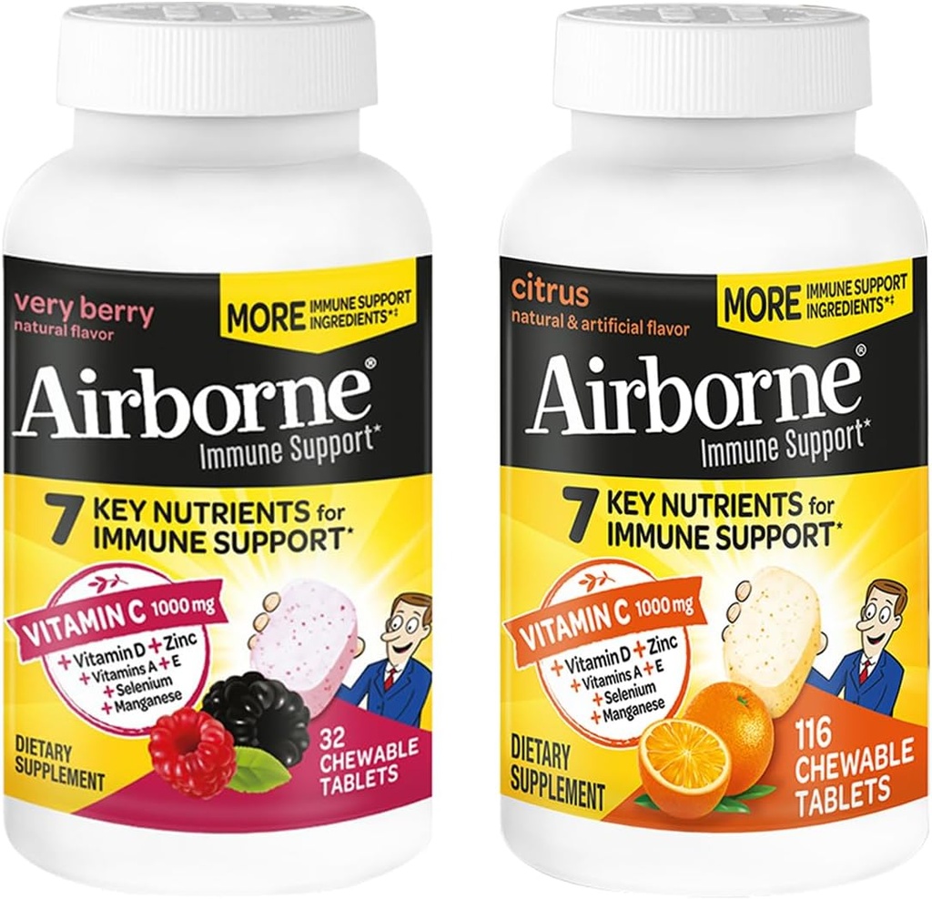 Airborne 1000mg Vitamin C + Zinc Immune Support Supplement Chewable Tablets, Very Berry & Citrus Flavor with Powerful Antioxidants Vitamins A C & E, 116 Chewable Tablets (Very Berry + Citrus)