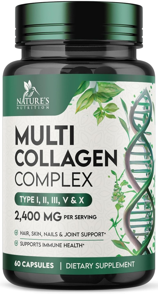 Multi Collagen Supplement 2400 mg - Hydrolyzed Types I, II, III, V & X Multi Collagen Pills Complex, Collagen Peptides Supplements, Hair, Skin, Nail, & Joint Support Supplement, Non-GMO - 60 Capsules