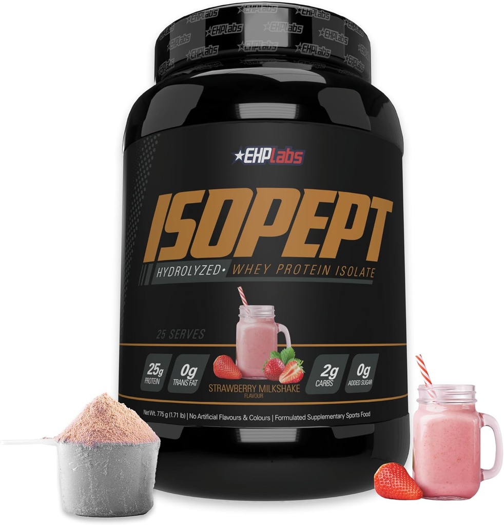 IsoPept Hydrolyzed Whey Protein Powder by EHPlabs - 100% Whey Protein Isolate & Hydrolysate, 27g of Protein, Non-GMO, Gluten Free, Fast Absorbing, Easy Digesting, 27 Serves (Strawberry Milkshake)