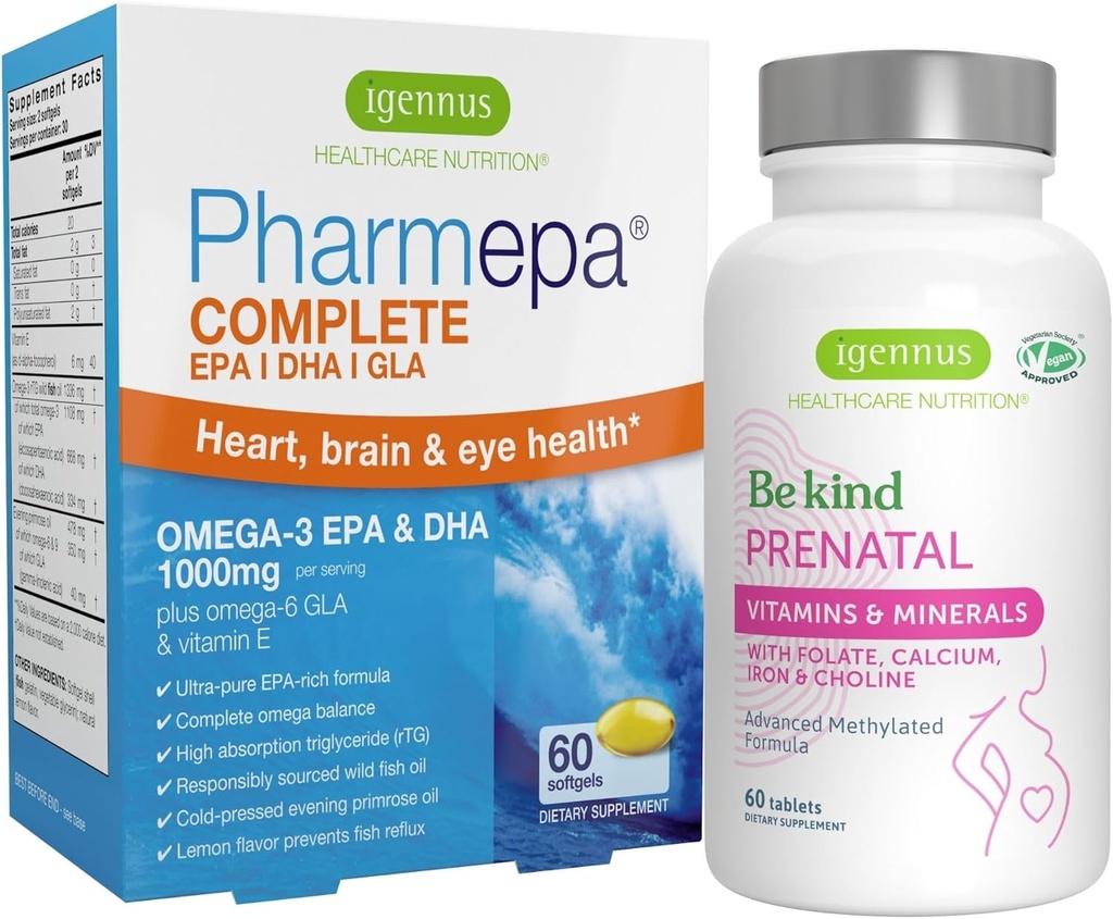 Advanced Prenatal Multivitamin & Pharmepa Complete EPA DHA rTG Omega 3 1000mg Pregnancy Support Bundle, by Igennus