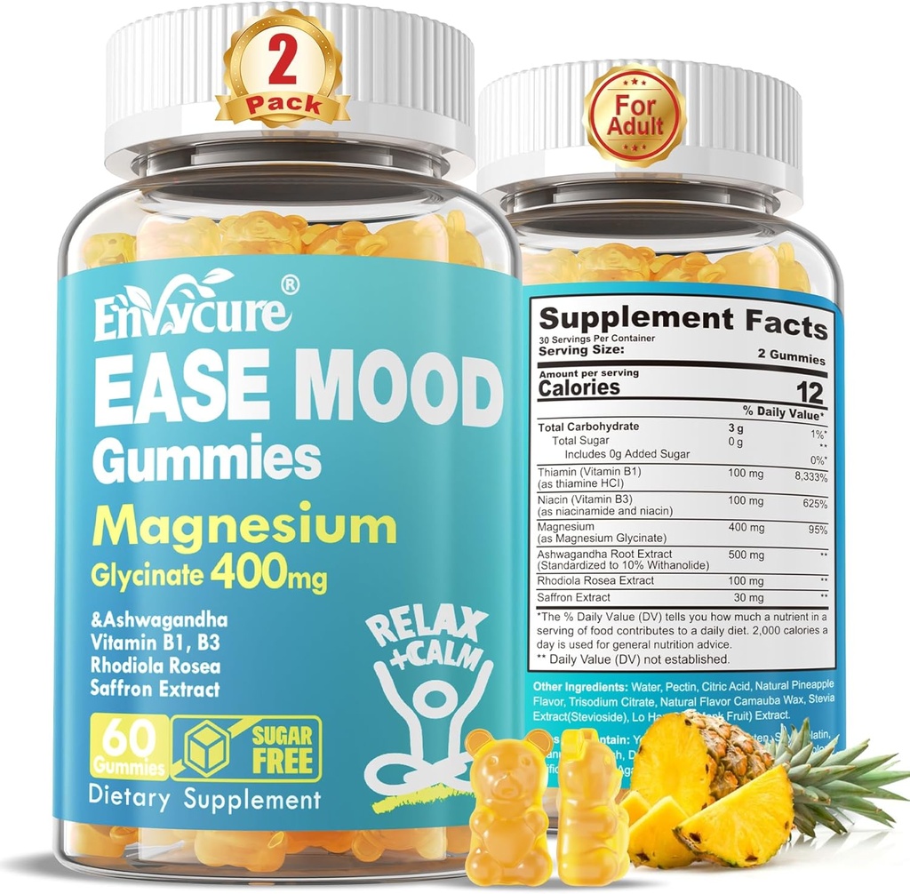 Sugar Free Magnesium Glycinate Gummies 400mg with Ashwagandha, B1, B3, Rhodiola Rosea & Saffron for Support Rest, Mood & Calm Magnesium Gummies for Adults, Chewable Magnesium Supplement, Vegan, 120Ct