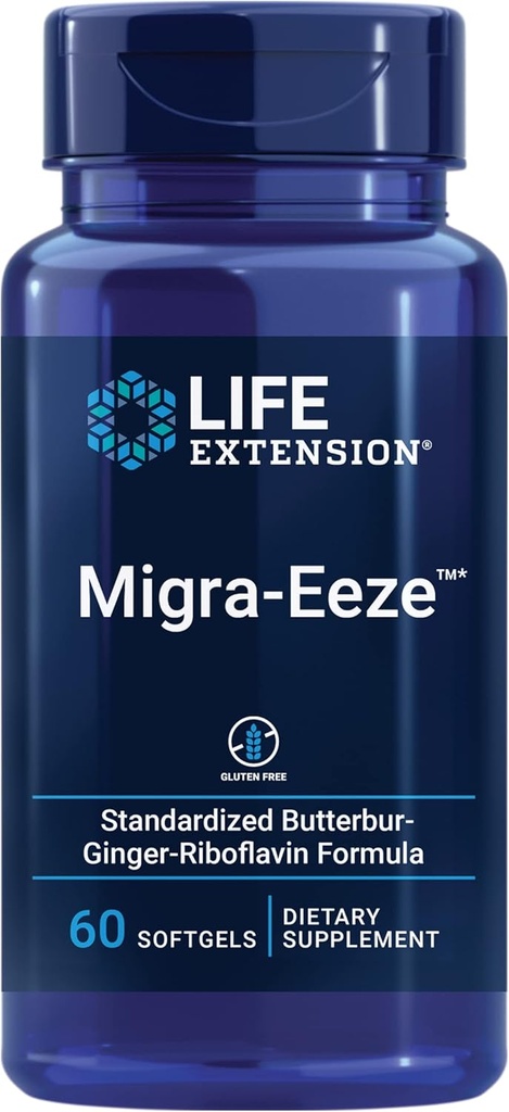 Life Extension Migra-Eeze - Butterbur Root Extract with Vitamin B2 (Riboflavin) & Ginger Supplement - Formula to Ease Head Discomfort - Gluten-Free — 60 Softgels