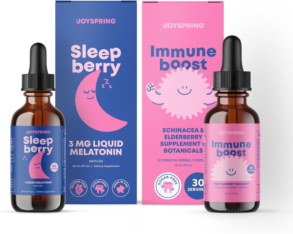 JoySpring Immune Boost & SleepBerry Supplement Set - Natural Supplement Drops to Promote Restful Sleep and Immune Function - Help Protect Your Child's Health - Comes in Convenient Liquid Form with Dr