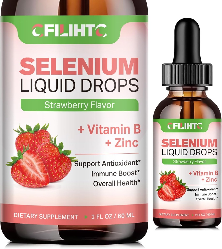 Selenium Liquid Drops - 200mcg Liquid Selenium Supplement with Vitamin B Complex & Zinc - Support for Immune System, Antioxidant & Heart Health, High Absorption - Strawberry Flavor, 2 Fl Oz