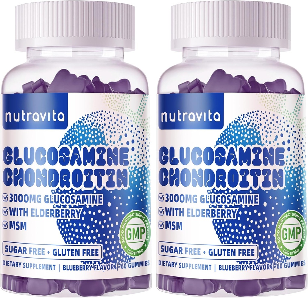 Nutravita Glucosamine Chondroitin Gummies with MSM & Elderberry Extra Strength - Joint Support, Antioxidant Immune Support Supplement for Adults, Men & Women.120 Blueberry Chews