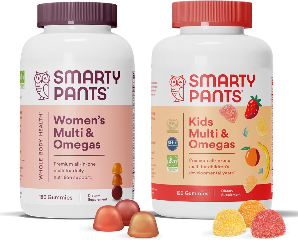 SmartyPants Women's and Kids Multivitamin Gummies Bundle: Omega 3 Fish Oil (EPA/DHA), Methylfolate, CoQ10, Vitamin D3, C, Vitamin B12, B6, A, K & Zinc, Gluten Free (30 Day Supply)