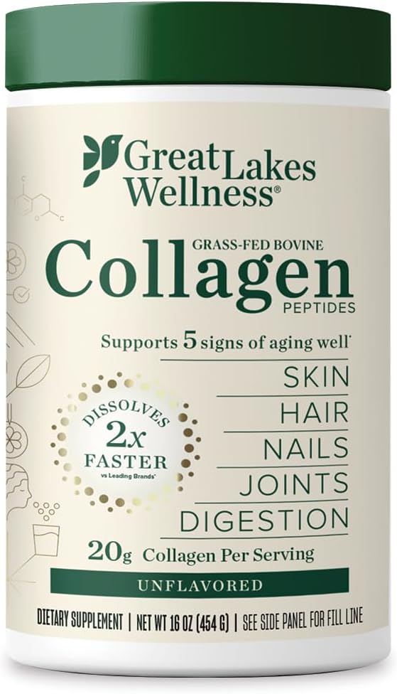 Great Lakes Wellness Collagen Peptides Powder for Skin, Hair, Nails, Joints & Digestion - Unflavored - Quick Dissolve Hydrolyzed, Non-GMO, Keto, Kosher - 16oz