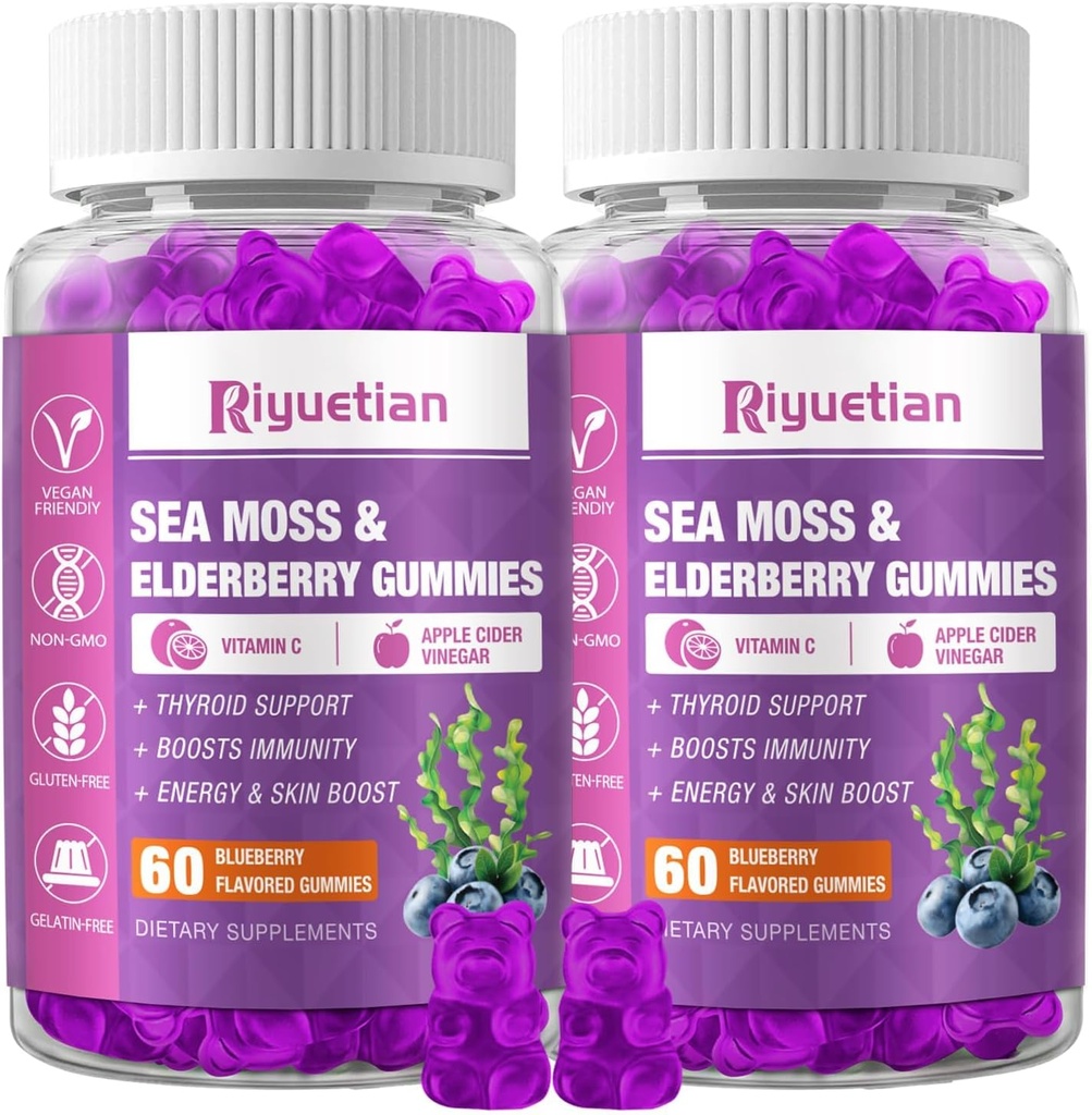 Sea Moss & Elderberry Gummies, Blueberry Flavored Gummy, Vitamins Sea Moss Supplements with Vitamin C + Zinc and Apple Cider Vinegar, Good Texture, Vegan-Friendly, 120 Count(Pack of 2)