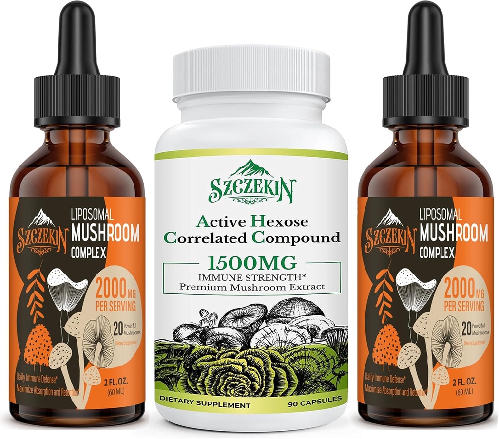 Active Hexose Correlated Compound 1500 mg Supplement 90 Capsules Bundle with 2000mg Liposomal Mushroom Complex Drops 60 Servings