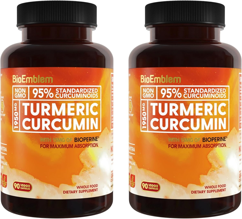 BioEmblem Turmeric Curcumin Supplement with BioPerine | Joint Support & Heart Health | with Organic Turmeric Powder & 95% Curcuminoids Extract | California Made, Non-GMO, 60-Day Supply