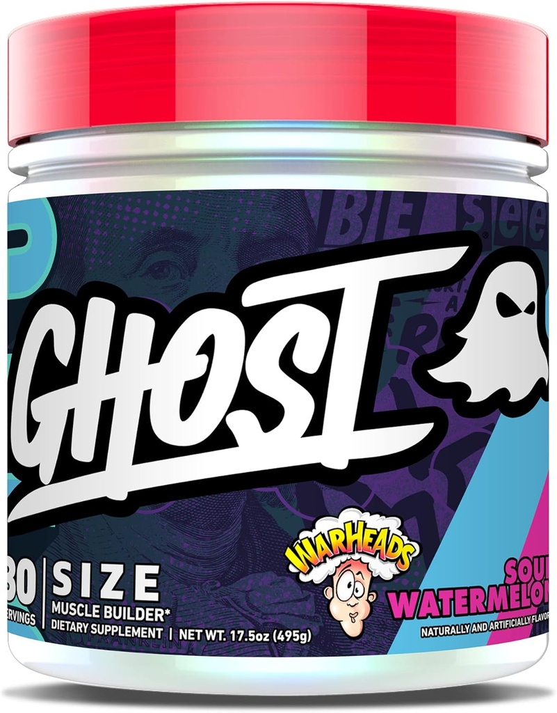GHOST Size Muscle Builder Dietary Supplement - Warheads Sour Watermelon, 30 Servings - Creatine Muscle Growth and Strength Building Supplements for Men & Women - Free of Sugar & Gluten, Vegan