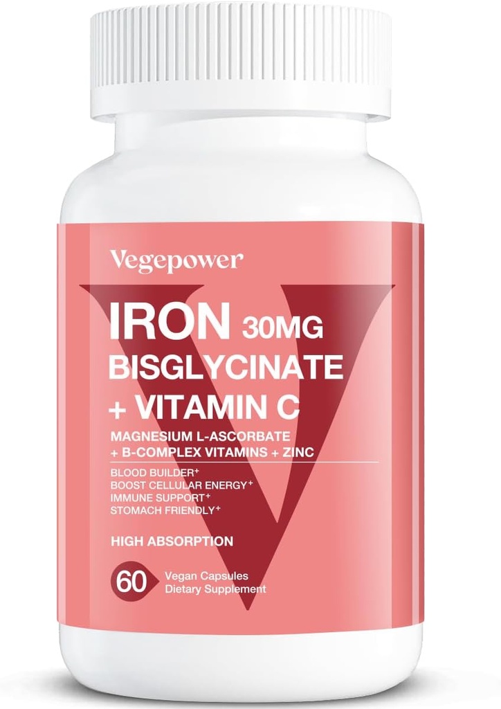 Iron Bisglycinate, 30mg Vegan Iron Supplement for Women & Men, Chelated with Vitamin C, B12, Folic Acid - Iron Pills for Anemia, High Absorption, Gluten-Free, Non-GMO - 60 Capsules