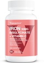 Iron Bisglycinate, 30mg Vegan Iron Supplement for Women & Men, Chelated with Vitamin C, B12, Folic Acid - Iron Pills for Anemia, High Absorption, Gluten-Free, Non-GMO - 60 Capsules