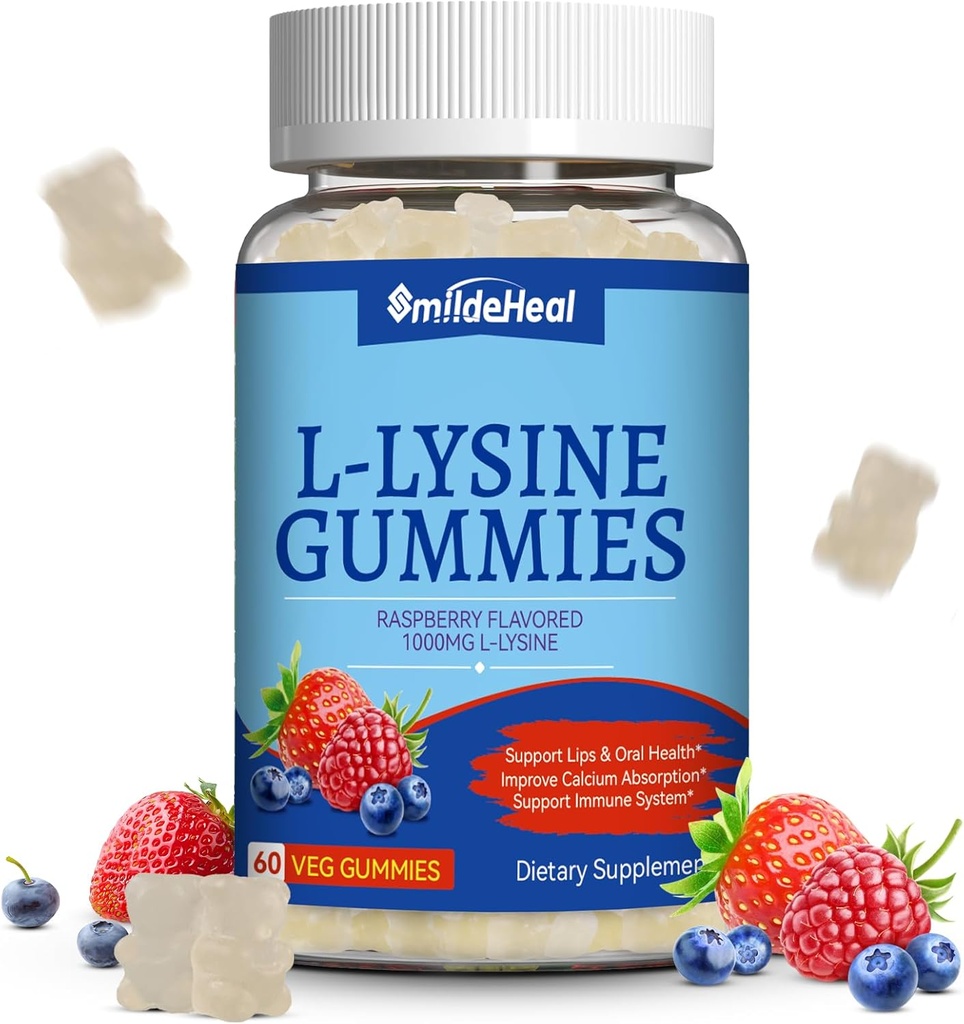 L-Lysine 1000mg Gummies, Chewable Lysine Supplement for Adults, Immune Support, Collagen Formation Support, Non-GMO, Vegan, Gluten Free - 60 Counts