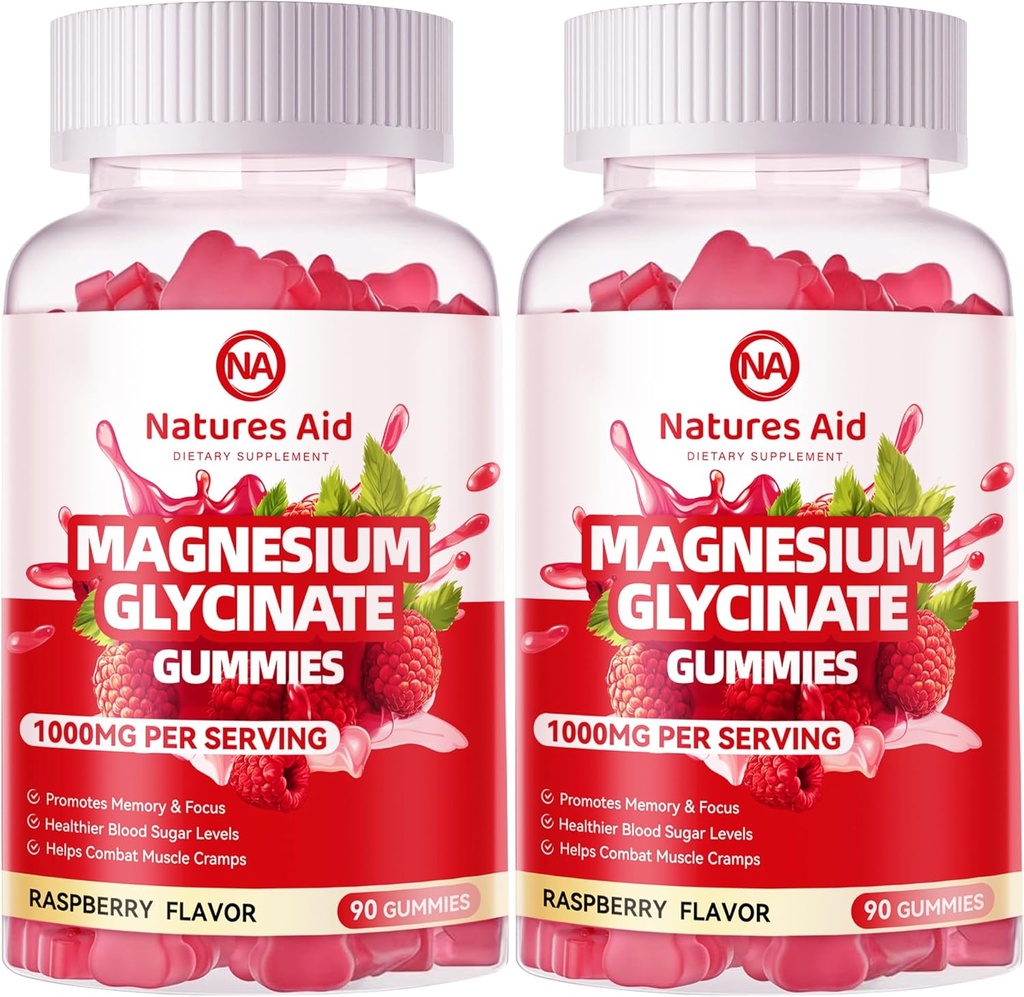 Magnesium Glycinate Gummies 1000mg - Sugar Free Magnesium Potassium Supplement with Vitamin D, B6, CoQ10 for Calm Mood & Sleep Support - 180 Raspberry Gummies.