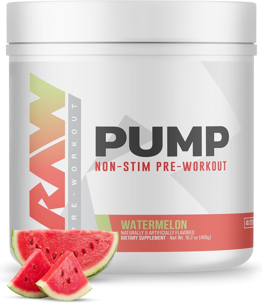 RAW Pump Stim Free Pre Workout (Watermelon) - Non-Stimulant Pre Workout Supplement Powder Nitric Oxide Booster - Pre Workout Supplements Drink for During Workout - 40 Servings