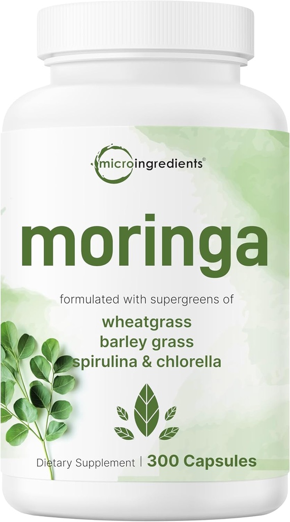 Micro Ingredients Moringa Oleifera | 300 Capsules with Supergreens Blend of Wheatgrass, Barley Grass, Spirulina, & Chlorella | Antioxidant Supplement, Energy, & Immune Support | Non-GMO