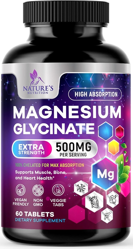 Magnesium Glycinate 500mg - Chelated for Ultra Absorption - Supports Bone, Muscle, Nerves & Heart Health, Nature's Sleep Support, Best Magnesium Supplement Pills for Whole Body Support - 60 Tablets